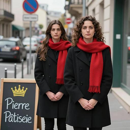Two Women in Black Coats and Red Scarves on City Street