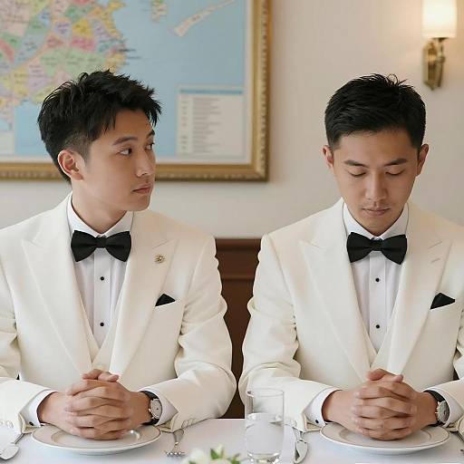 Elegant Duo in Tuxedos at Table