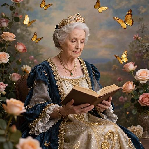 Photograph of an elderly white woman in a regal gold and blue gown, reading a book surrounded by butterflies and roses.