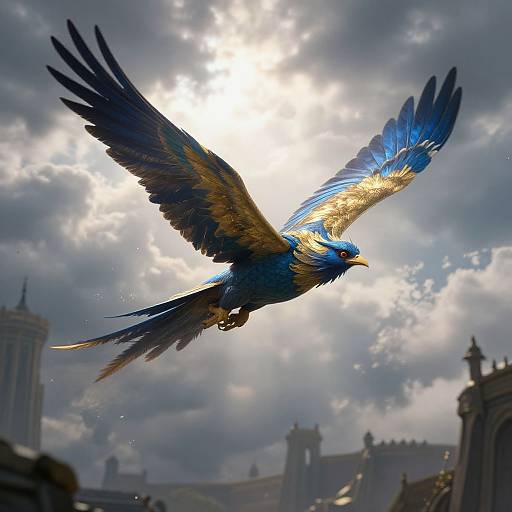 Digital artwork of a blue and gold winged bird with a red eye soaring against a cloudy, sunlit sky with medieval buildings in the background.