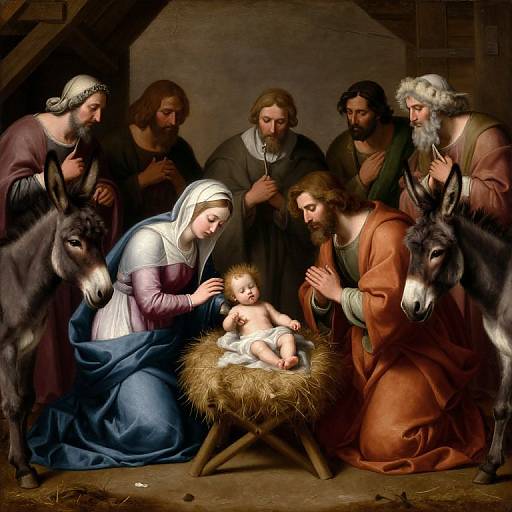 Baroque-style painting of the Holy Family: Mary, Joseph, Jesus in a manger, surrounded by angels and shepherds with donkeys,