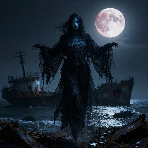 Ghostly Wraith in Shipwreck Under Blood Moon