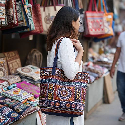 Photograph of a woman with long dark hair, wearing a white blouse, carrying an intricately patterned colorful handbag, standing in front of a