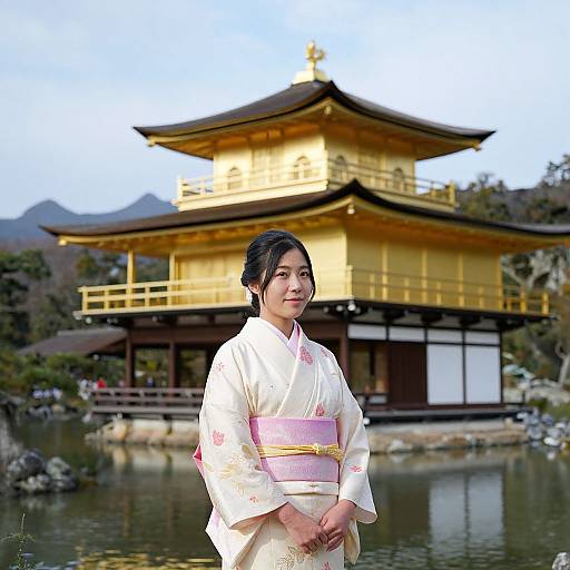 Asian Woman in Kimono at Kinkakuji
