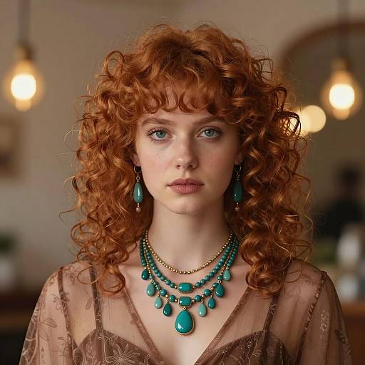 Portrait of Young Woman with Curly Red Hair and Teal Jewelry