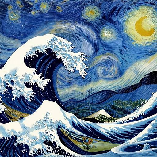 Vibrant digital painting of swirling blue ocean waves under a starry, yellow moonlit sky, inspired by Van Gogh's 