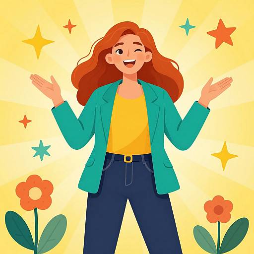 Cheerful Woman with Flowing Red Hair