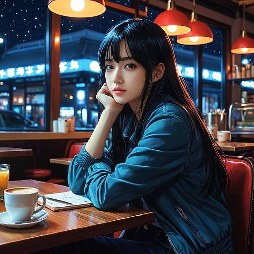Young Woman Sitting Alone in Cafe at Night