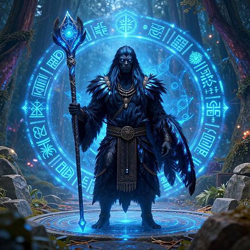 Digital artwork of a blue-illuminated, black-furred, magical warrior holding a glowing staff, standing on a circular runes-laden forest path