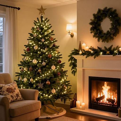 Cozy Christmas living room with lit fireplace, decorated tree, wreath, and warm lighting; beige armchair, floral pillow, and soft curtains.