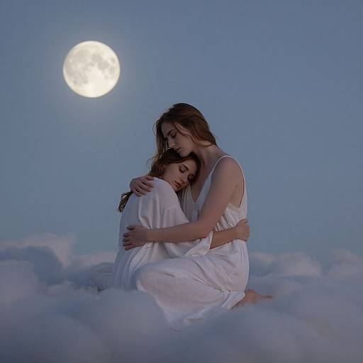 Photograph of a woman in a white dress embracing a sleeping child, seated on fluffy clouds under a bright full moon.