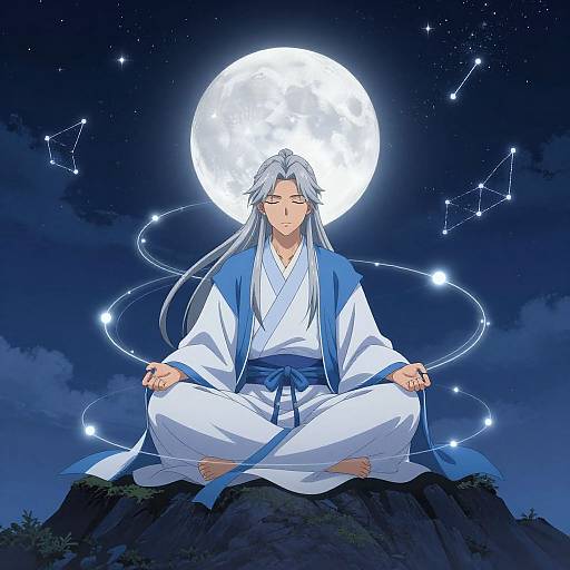 Anime Wizard Meditating Under Full Moon