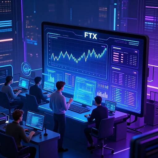 Photograph of a futuristic trading room with five people monitoring blue-lit screens displaying stock graphs and data on large and small monitors. 