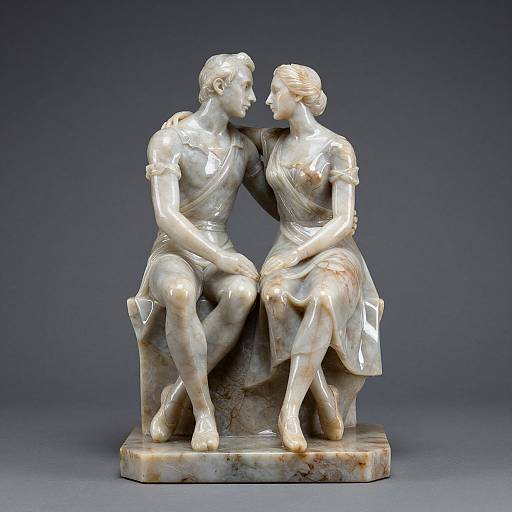 Photograph of a marble sculpture depicting two seated, gazing, gender-ambiguous figures in classical attire, with delicate, intimate expressions.