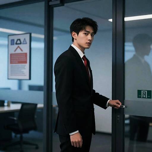 Businessman Opening Glass Door in Modern Office