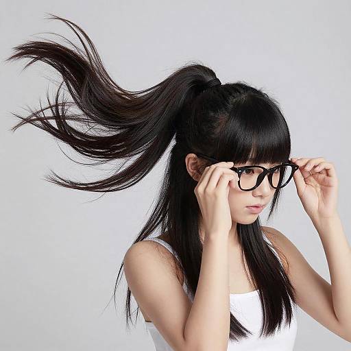 Girl with Black Hair Adjusting Glasses