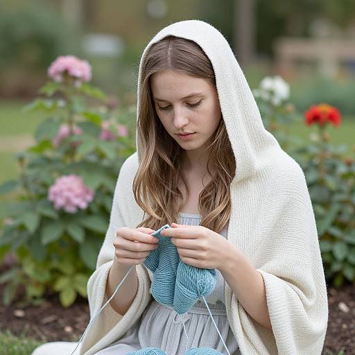 Photograph of a young woman with light brown hair, wearing a white hooded blanket, knitting blue yarn in a garden with blooming pink and red