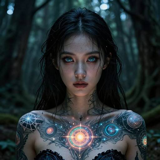 Digital artwork of a tattooed, blue-eyed woman with long, wet black hair, glowing celestial tattoos on her chest, in a dark, forested