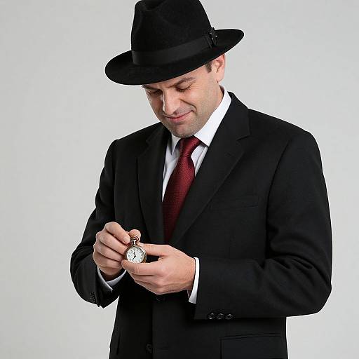 Photograph of a man in a black suit, red tie, and black hat, examining a silver pocket watch with a white face.