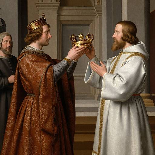 Digital painting of two bearded men in medieval robes and crowns exchanging a golden crown in a grand, stone-walled room.