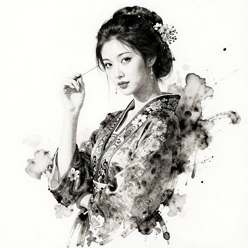 Black-and-white digital watercolor portrait of an elegant East Asian woman in a detailed kimono, holding a hairpin, with abstract splashes.