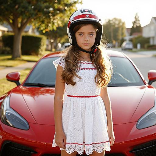 Young girl with long brown hair in white lace dress and helmet stands in front of a red sports car on a sunny suburban street. Photograph.