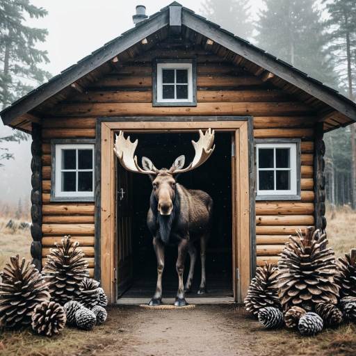 Moose Emerging from Wooden Cabin Door