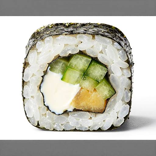 Close-up photograph of a sushi roll with white rice, seaweed wrap, green cucumber, and orange fish inside, set against a white background with gray