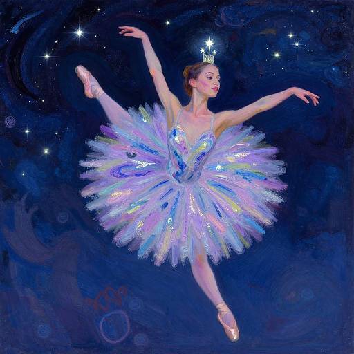 Digital painting of a ballerina with a glowing, multicolored tutu, crown, and starry background, gracefully balancing on one pointe
