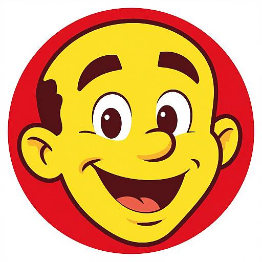 Bright yellow cartoon face with big eyes, wide smile, and dark eyebrows, set against a bold red circular background.