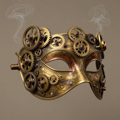Steampunk-style golden mask adorned with intricate brass gears and cogwheels, emitting wisps of smoke, against a plain grey background. Photographic