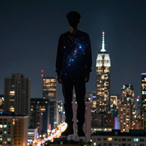 Starry Silhouette Over Neon City