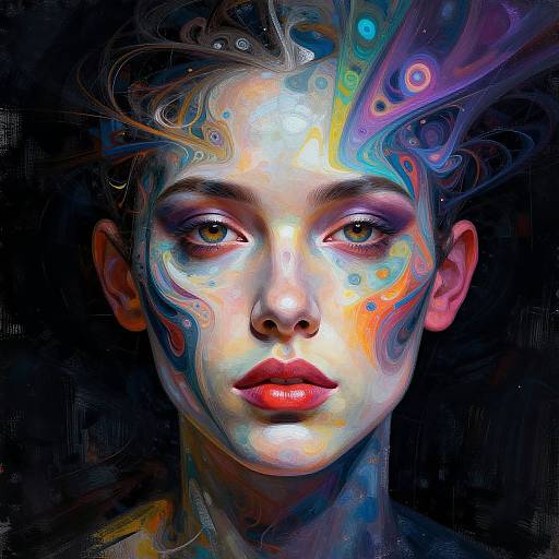 Digital painting of a young woman with glowing, multicolored abstract patterns on her face, intense brown eyes, and red lips, set against a dark