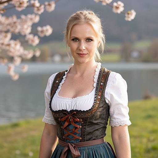 Photograph of a blonde woman with fair skin, wearing a traditional German dirndl, standing outdoors with blooming cherry blossoms and a lake in the