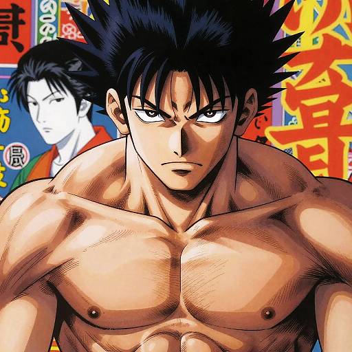 Digital anime-style drawing of a muscular, shirtless man with spiky black hair, intense gaze, and defined chest, set against colorful, Japanese text