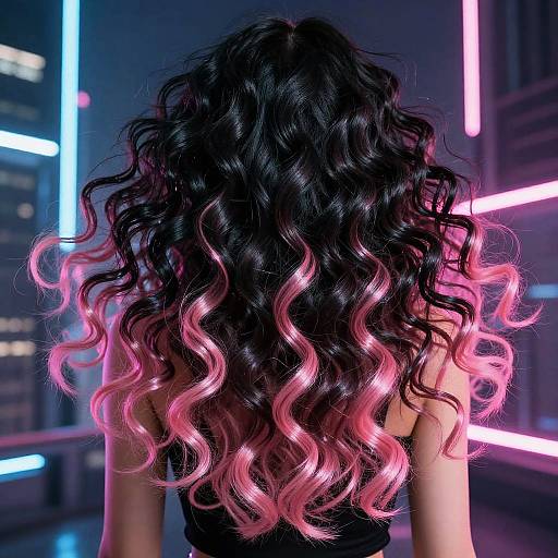Photograph of a woman with wavy, black-to-pink ombre hair facing away, set against a neon-lit urban background.