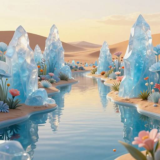 Digital art of a serene, crystal-clear desert oasis at sunset, featuring tall, blue ice formations, colorful flowers, and a winding water stream reflecting the