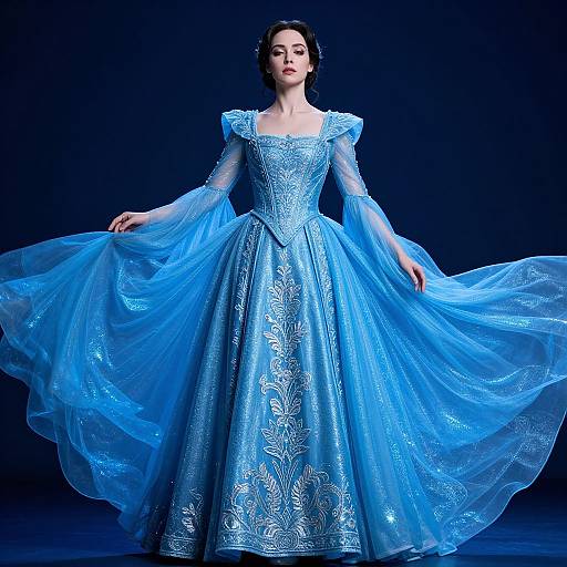 Photograph of a fair-skinned woman with dark hair in an elaborate, shimmering blue ball gown with floral embroidery, standing against a dark background,