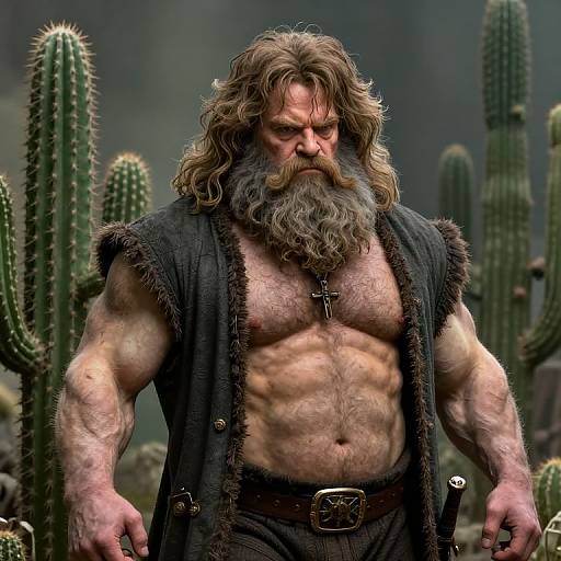 Photorealistic CGI of a muscular, bearded, topless man with a cross necklace, standing in a desert with tall cacti. He