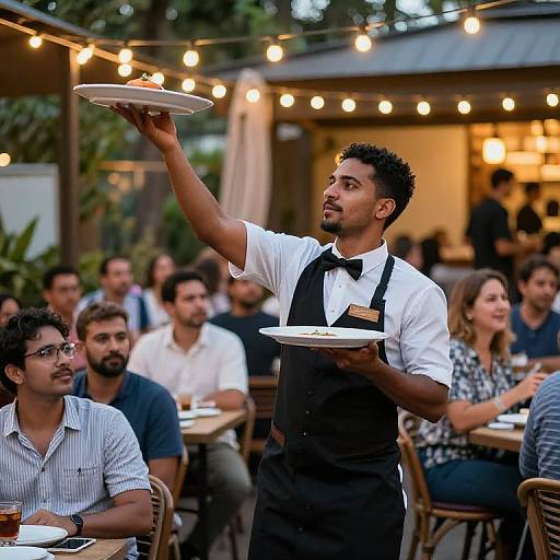 Expert Waitstaff Balancing Plates Outdoors