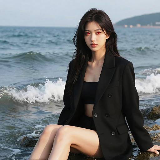 Photograph of an East Asian woman with long black hair, red eyes, and pale skin, sitting on rocky shore wearing a black blazer and crop