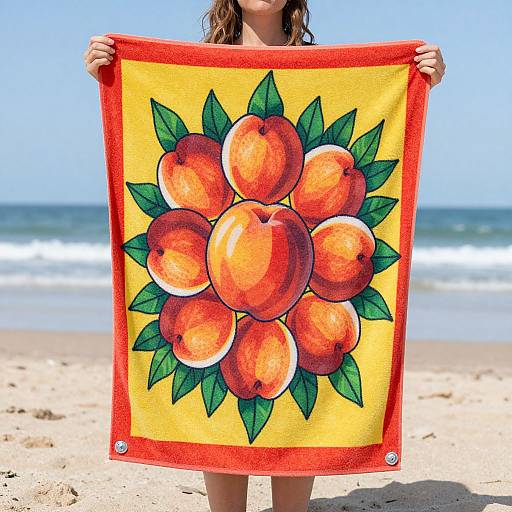 Photograph of a woman holding a bright yellow beach towel with a vibrant orange sunburst design of oranges and green leaves, standing on a sunny sandy beach