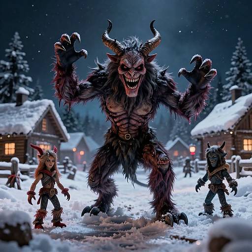 Digital art of a terrifying, muscular, horned monster with sharp claws, standing in a snowy village at night, flanked by two smaller, horn