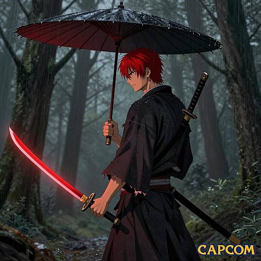 Intense Samurai with Glowing Sword Illustration