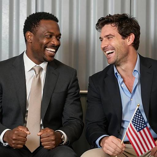 Two Men Laughing Holding American Flags