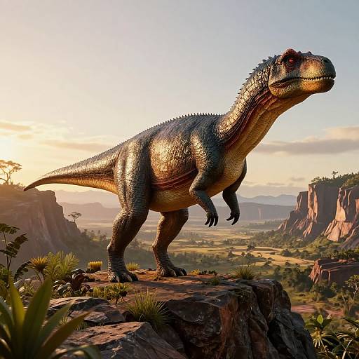 Photorealistic CGI of a large, textured, green-scaled dinosaur standing on a rocky cliff, with a sunlit, mountainous, prehistoric