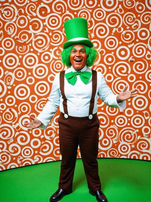 Man in Oompa Loompa Costume with Candy Background