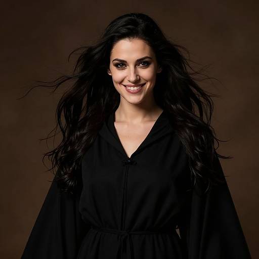 Photograph of a smiling woman with long, wavy black hair, wearing a black, V-neck dress, against a dark brown background.