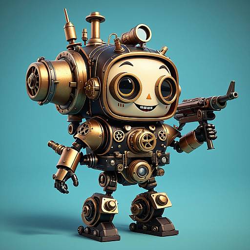 Cute Steampunk Robot with Machine Gun