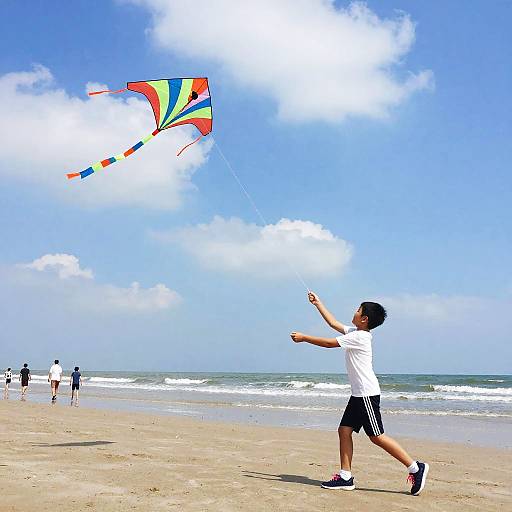 Photograph: Young boy in white shirt and black shorts flying a colorful, striped kite on a sunny beach with waves and people in the background.